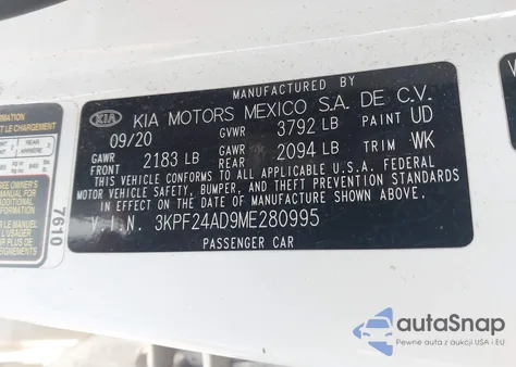 2021 Kia Forte Lxs из США, поврежденный, VIN 3KPF24AD9ME280995